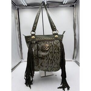 Sharif Studio Olive Green Snakeskin Embossed Leather Fringe Studded Tote Bag